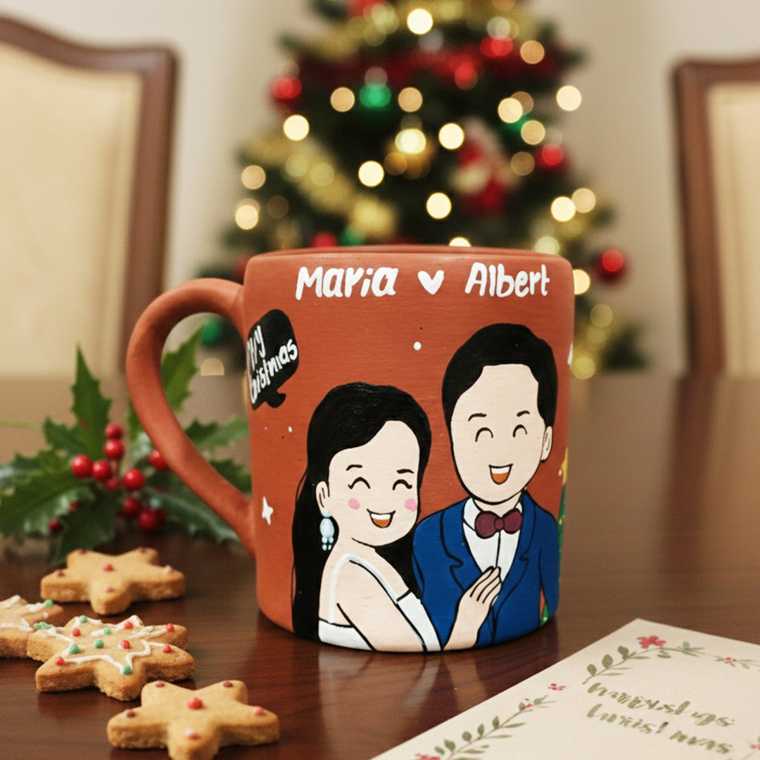 Photo Personalized Hand-Painted Couple Illustration Christmas Theme Terracotta Mug