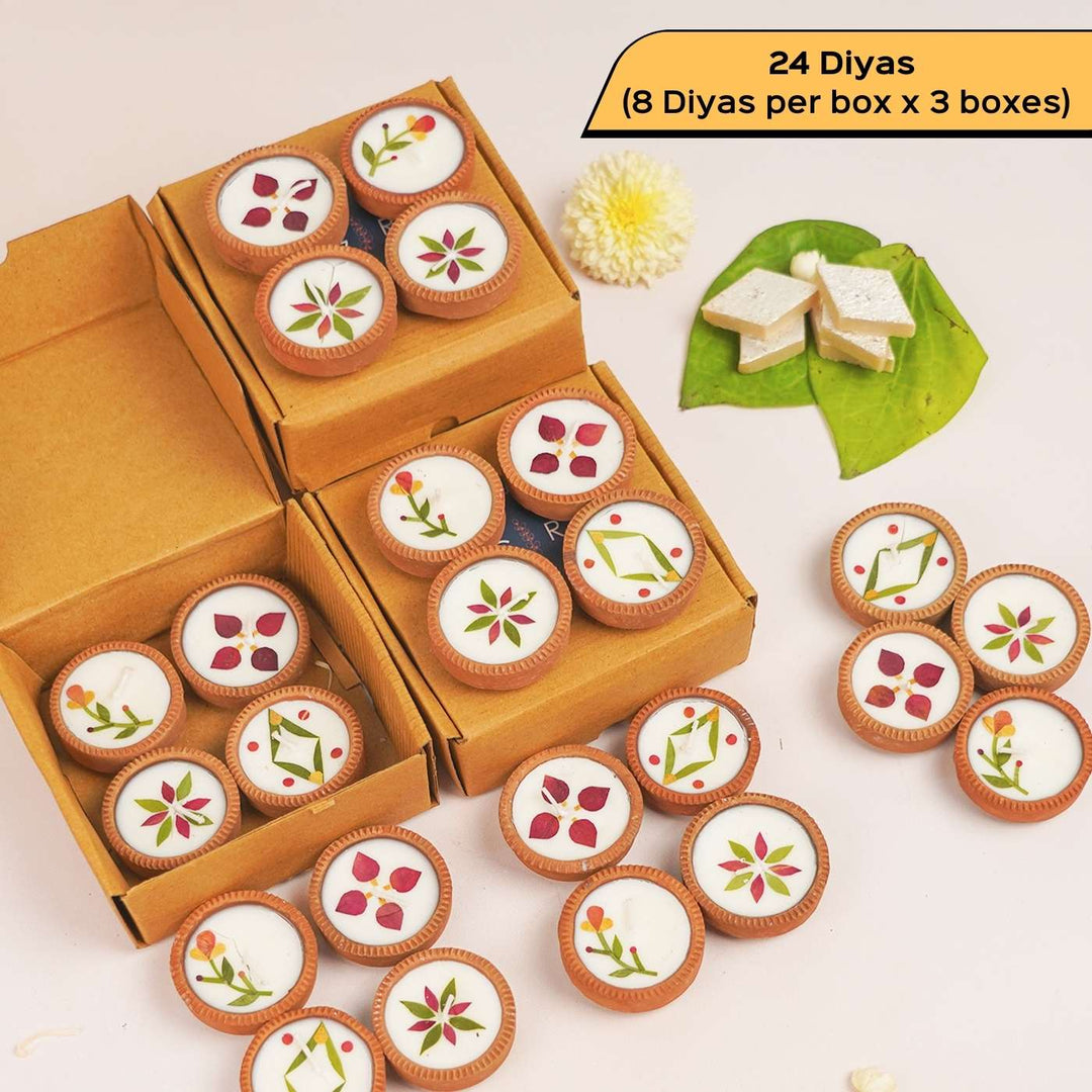 Handmade Pressed Flower Soy Wax & Earthen Festive 1 Inch Diyas