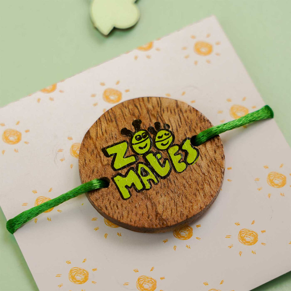 Personalized Hand Painted Zoomates Wooden Rakhi With Roli Chawal - Mounted on Cardboard Backing