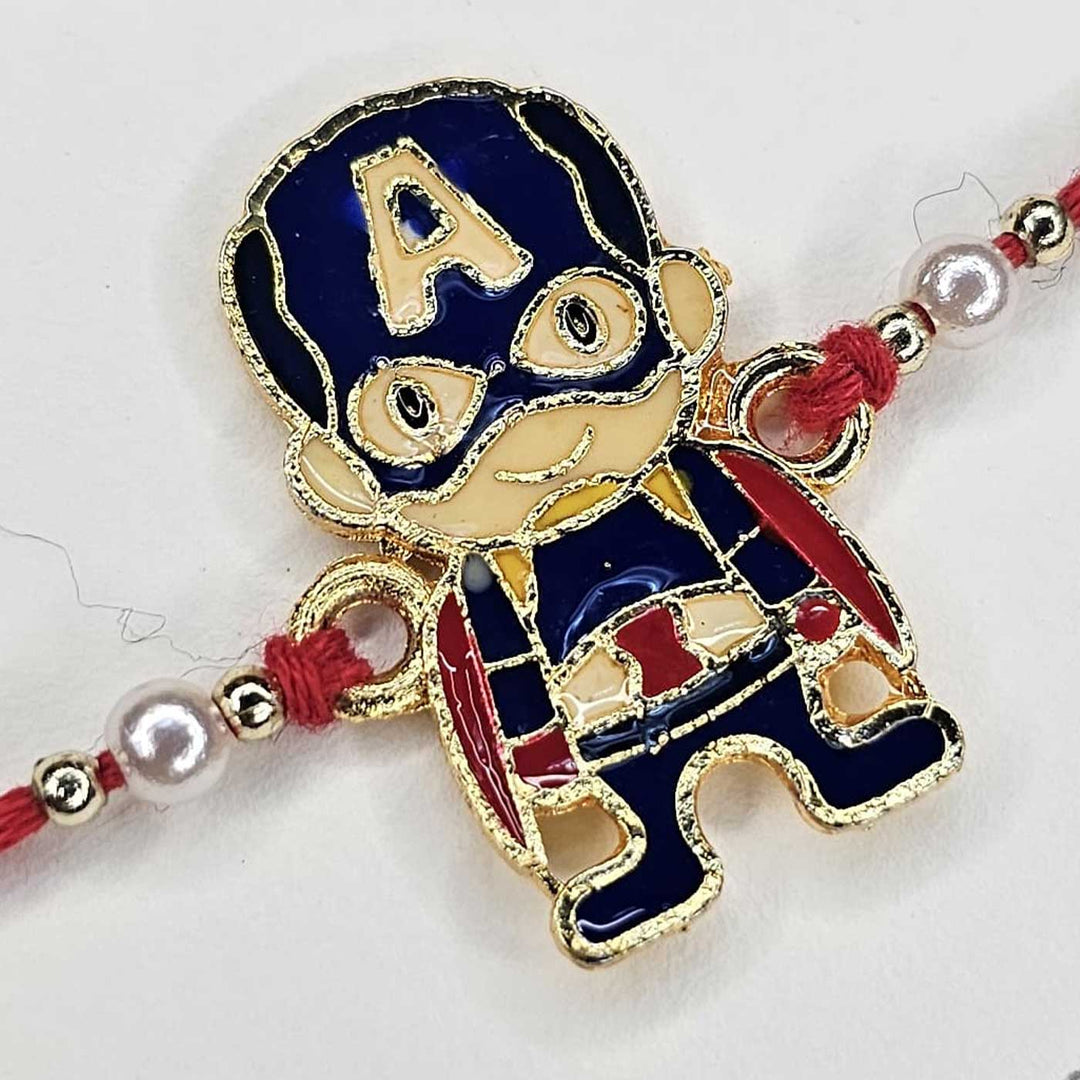 Handmade Captian America Metal Kids Rakhi With Roli Chawal - Extreme Close-up Detailing