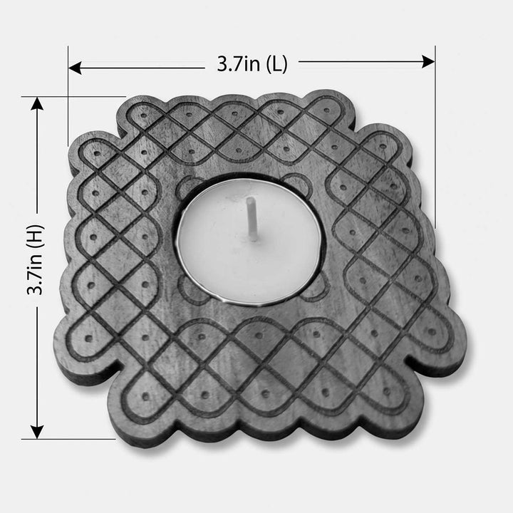 4 pc | Wave Lattice Hand-Engraved Mahogany Wood Kolam Tealight Holders