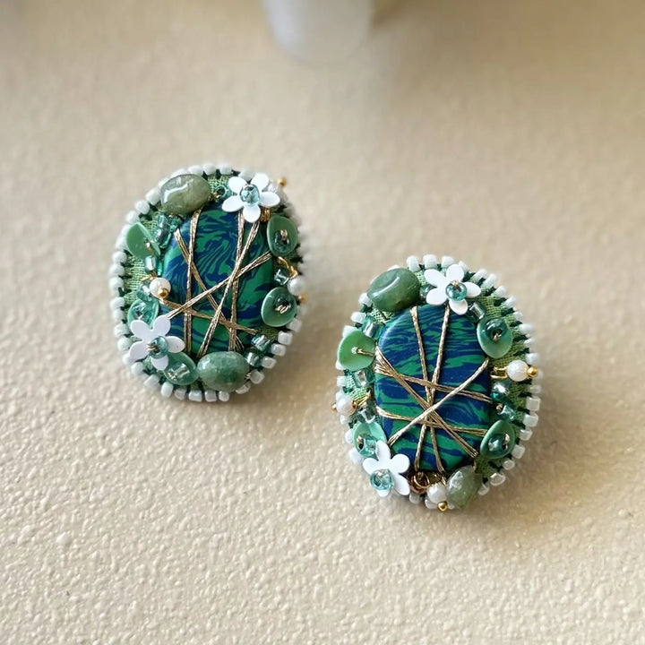 Hand Embroidered Beaded Green Round Botanical Forest Theme Cotton Earrings