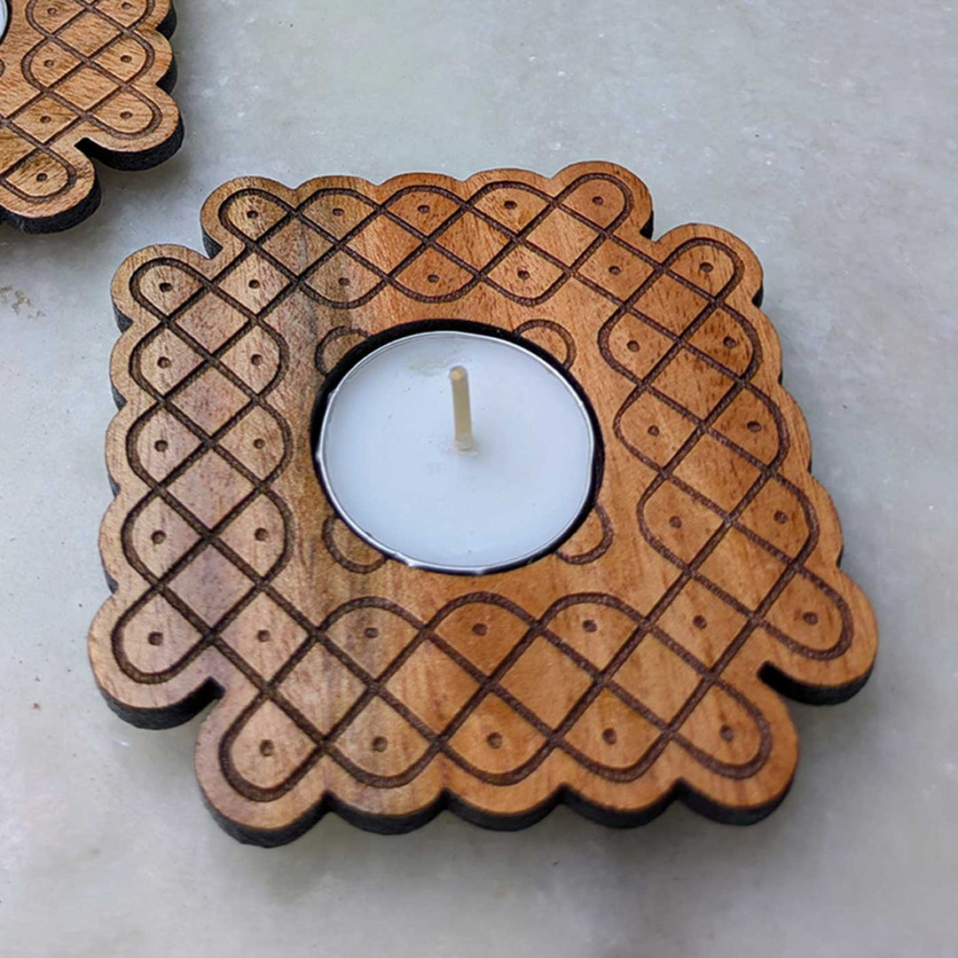4 pc | Wave Lattice Hand-Engraved Mahogany Wood Kolam Tealight Holders
