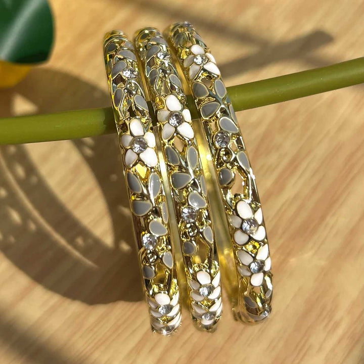 Handcrafted Floral Enamel Crystal Studded 18K Gold Plated Stainless Steel Openable Bangle - Grey