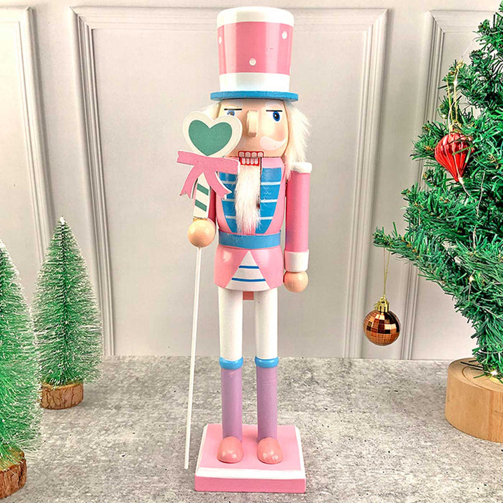 Pastel Pink Heart Nutcracker Self-Standing Wooden Decor For Christmas Table Decoration