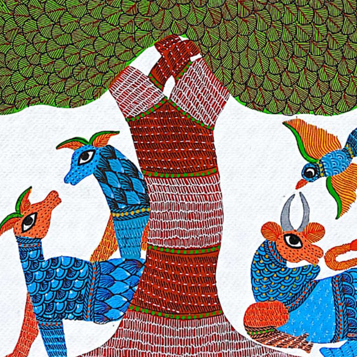 11 x 15 Inch | Harmony Under Tree | Original Hand painted Tribal Gond Art Painting | Acrylic Paints On Paper