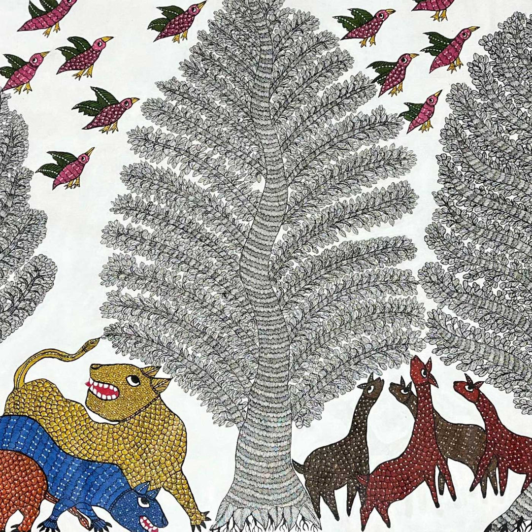 15 x 22 Inch | Nature & Animal behavior | Original Hand Painted Tribal Gond Art Painting | Acrylic Paints On Canvas
