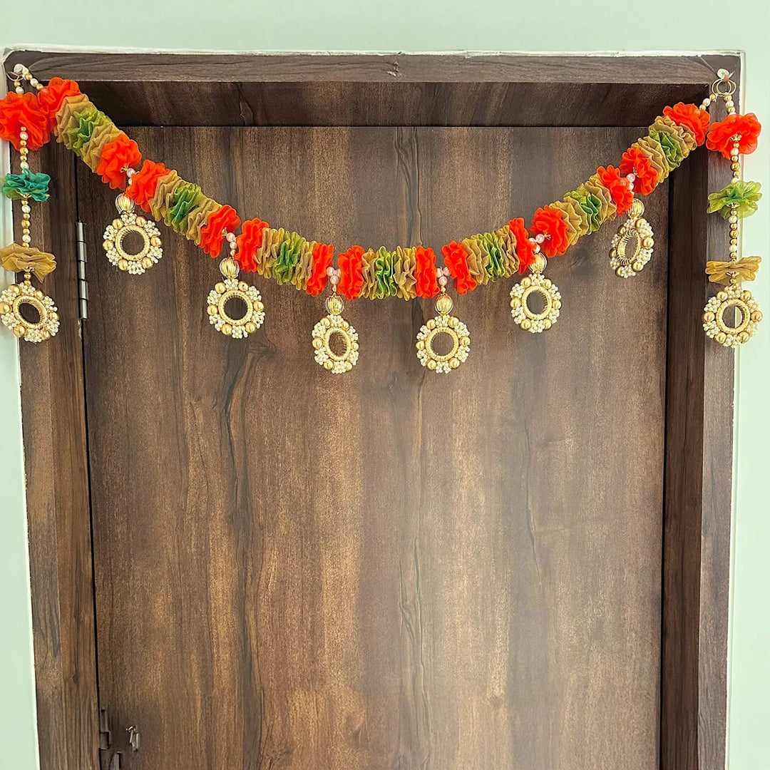 Handmade Orange & Green Tissue Flower Toran With Side Hangings
