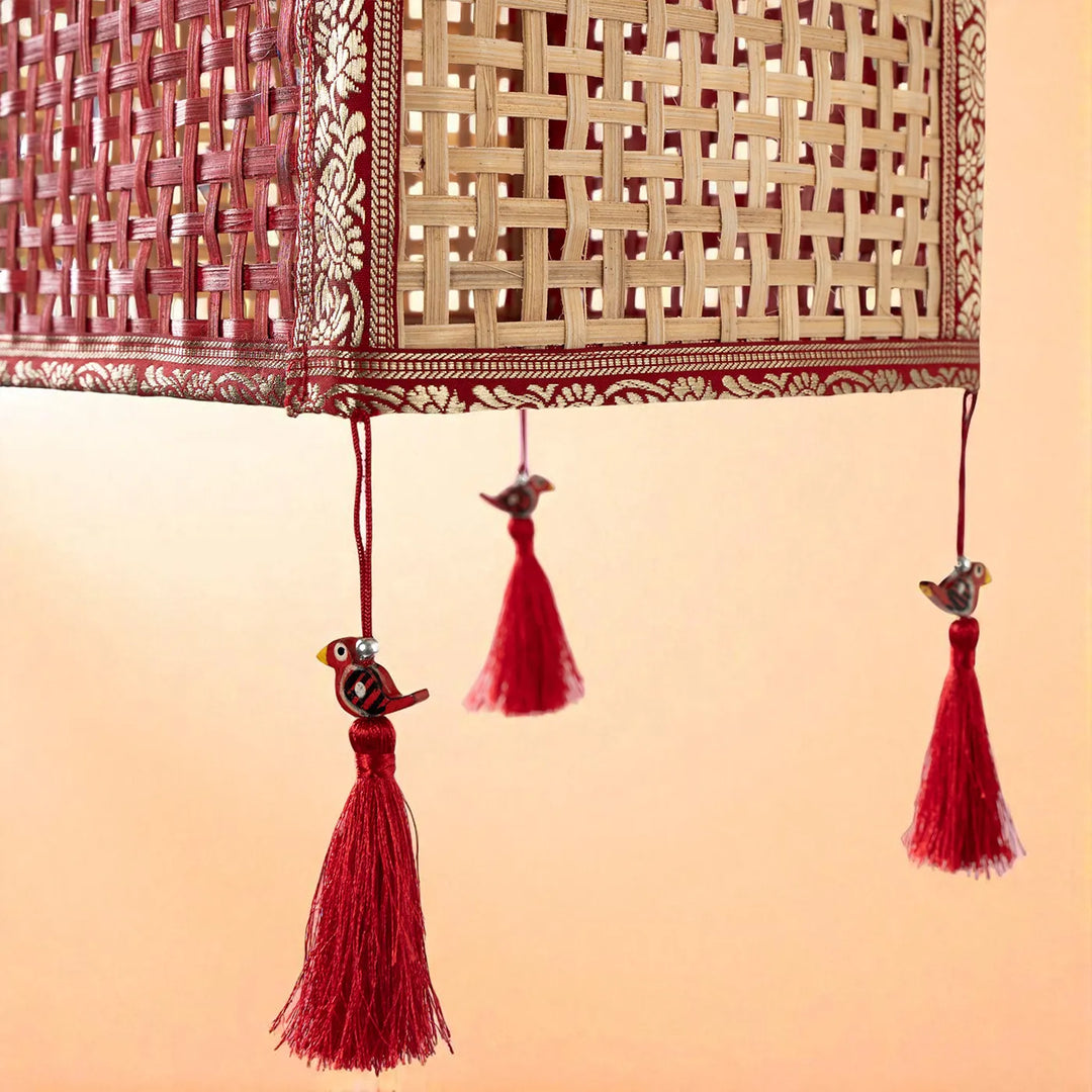 Red Zari Border Handmade Woven Bamboo Square Hanging Lampshade