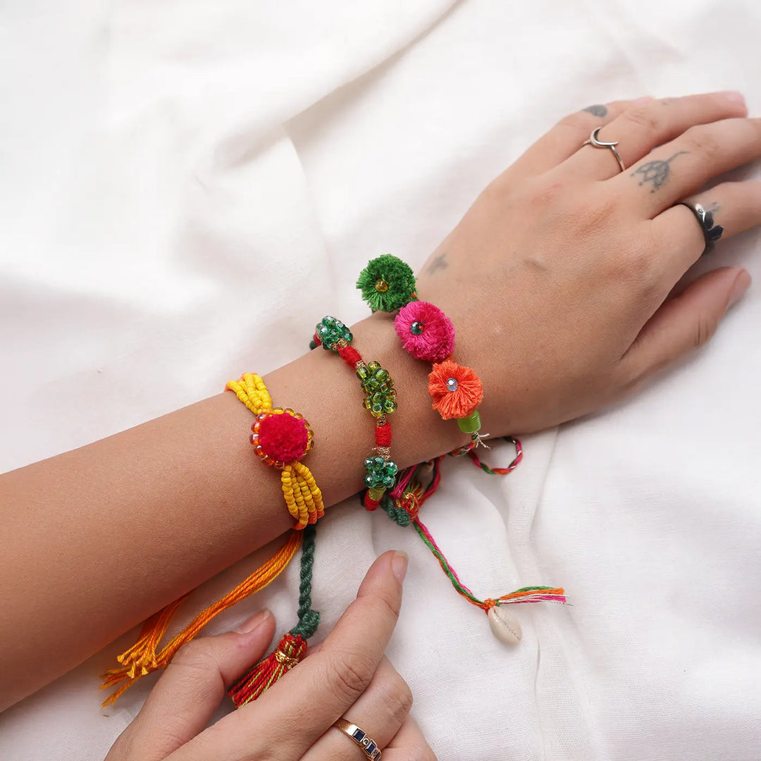 3 pc Rakhi + Brass Thali Set | Premium Gullu Gullu Beads & Pom Pom Rakhi Set with Roli Chawal