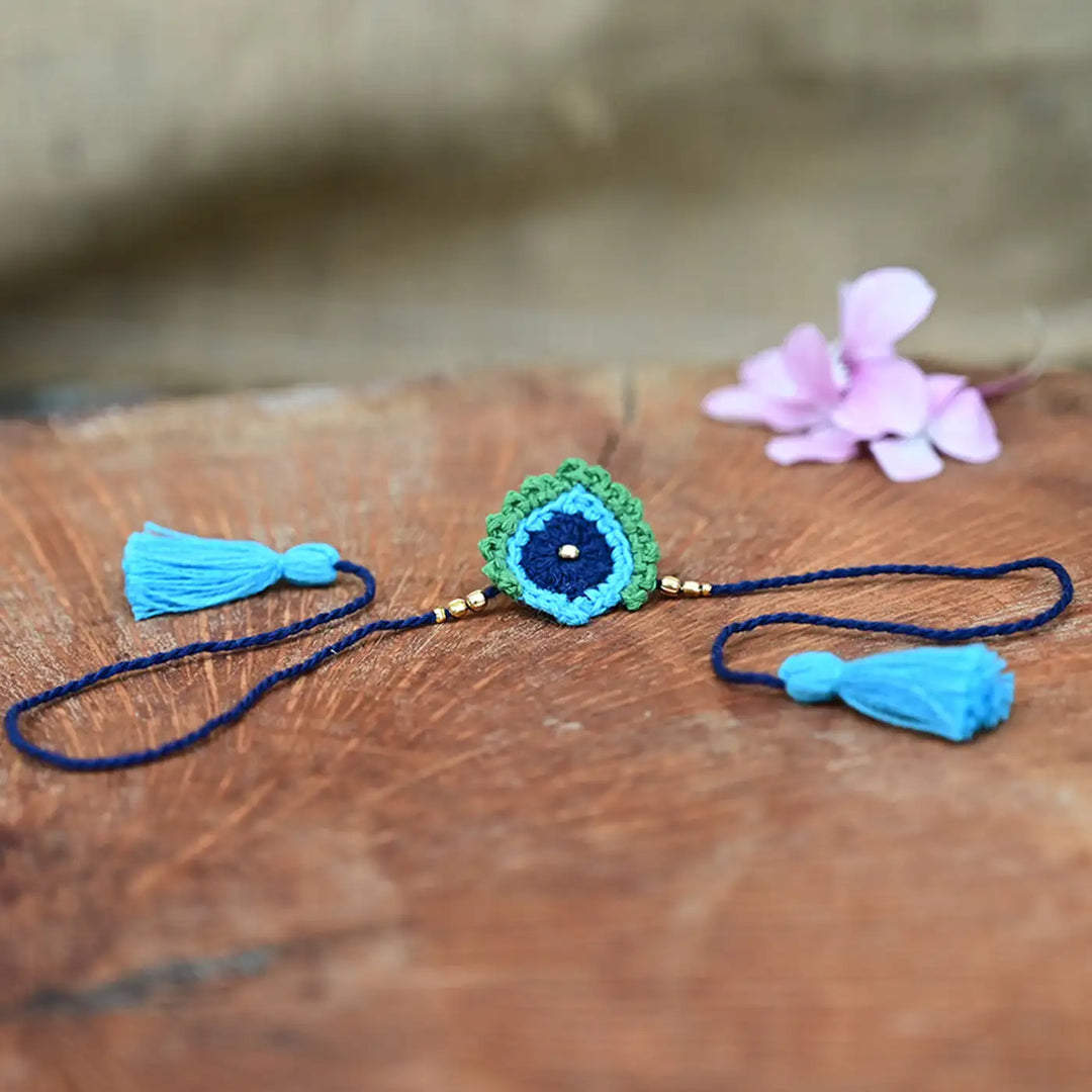 Handmade Crochet Krishna Theme Kids Rakhi With Roli Chawal