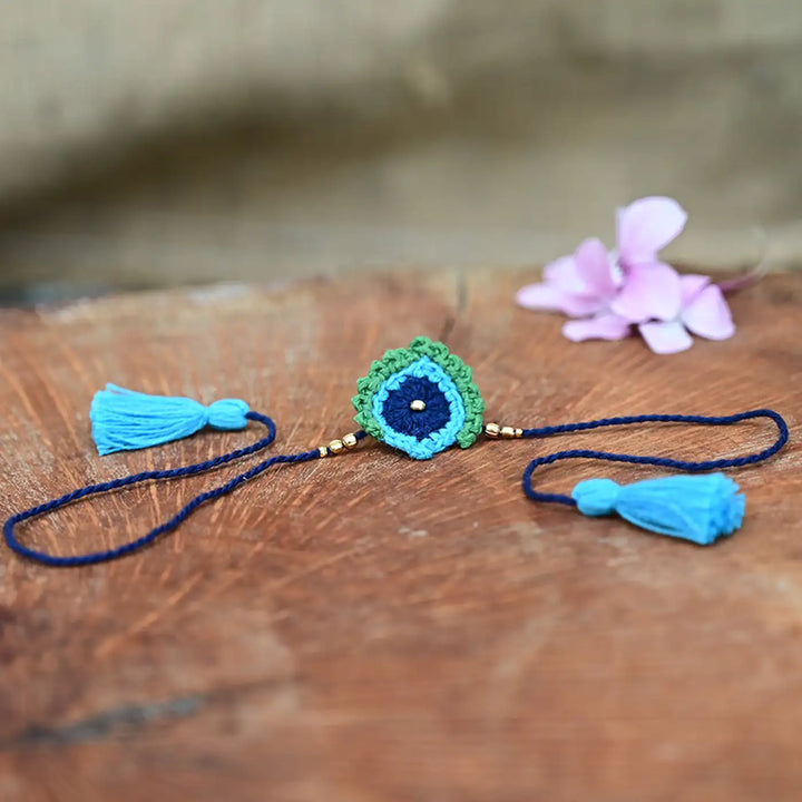 Handmade Crochet Krishna Theme Kids Rakhi With Roli Chawal