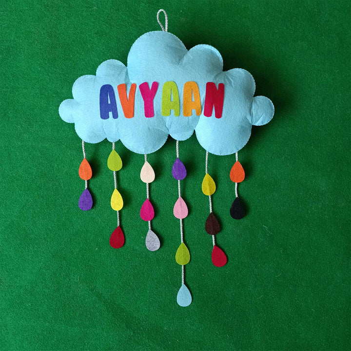 Personalized Handmade Cloud with Raindrops Felt Kids Name Plate
