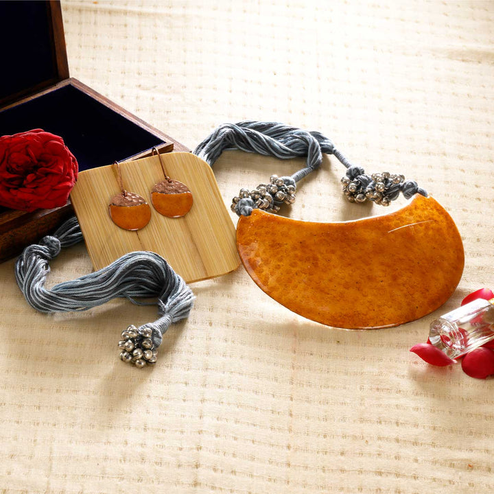 Handmade Full Moon Shaped Ghungroo Copper Enamel Pendant With Earrings
