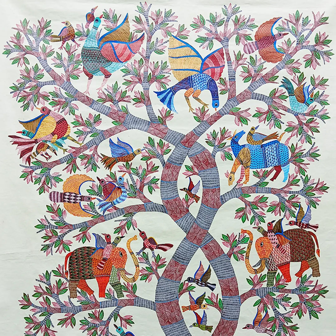 48 x 63 Inch | Rabbit & Birds | Original Hand Painted Tribal Gond Art Painting | Acrylic Paints On Canvas