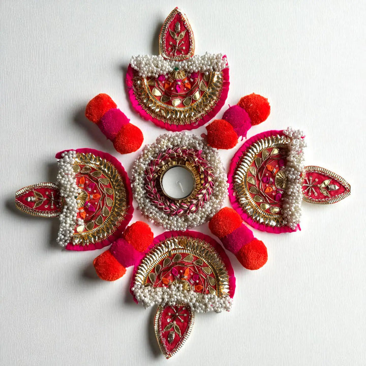 Reusable Gota Patti Pink Diya Design Rangoli | Set Of 9