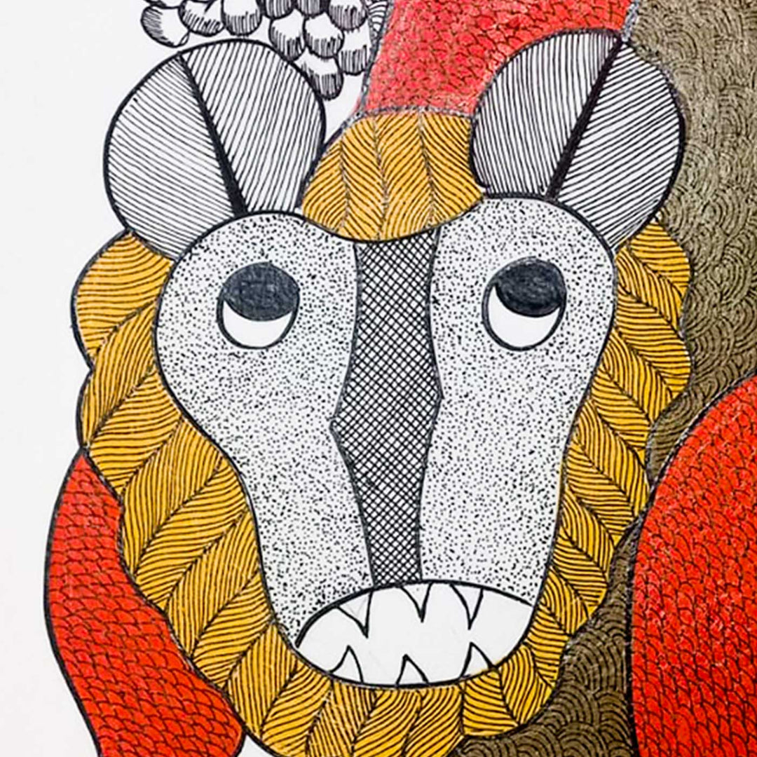 11 x 15 Inch | Lion of the Sacred Grove | Original Hand Painted Tribal Gond Art Painting | Acrylic Paints On Paper
