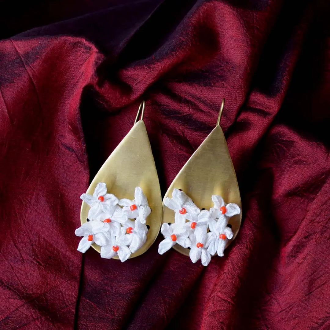 Handmade Textile Art Floral Drop Shaped Dupion Silk Fabric Earrings