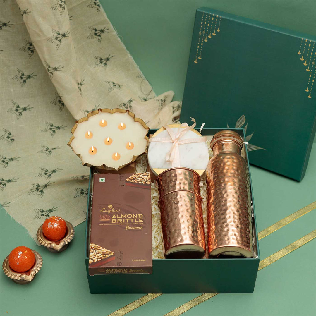 Handmade Noor Gift Hamper | Includes 1 Bottle, 2 Glasses, 1 Candle, 1 Chocolate, 2 Coaster, 1 Card And 1 Box