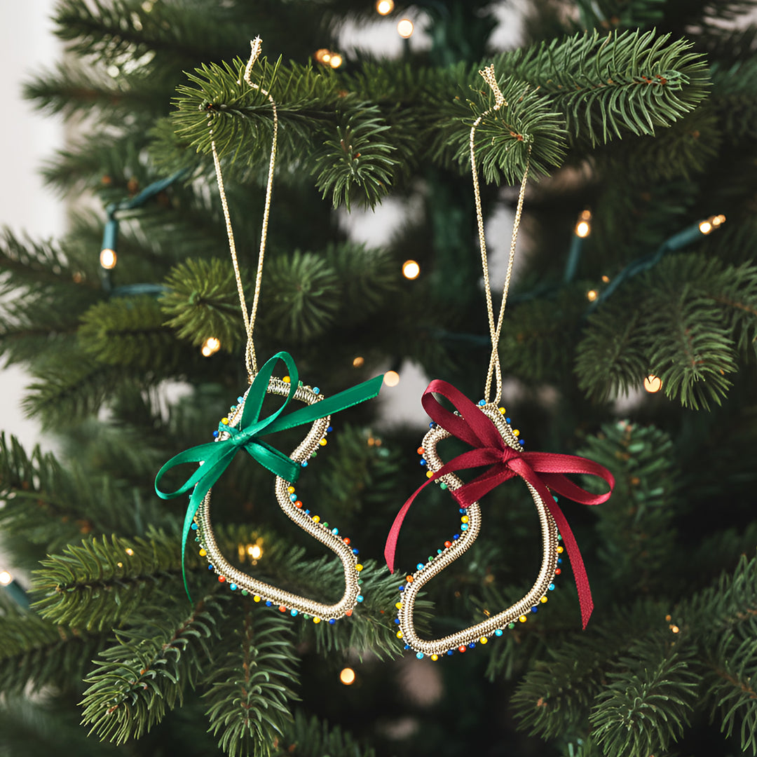 2 Pc | Handmade Beaded Gold Stocking Ornaments For Christmas Decoration