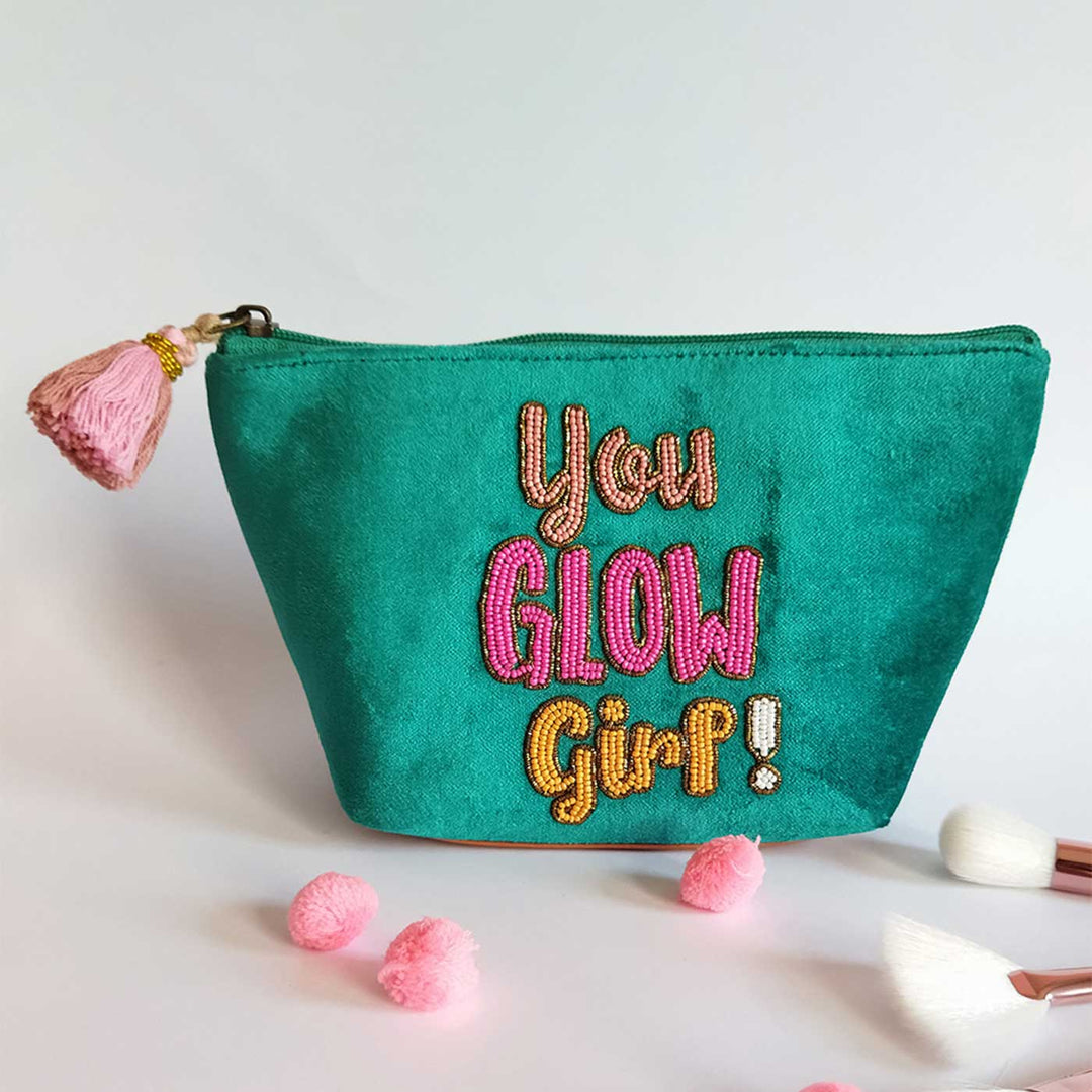 Handmade Embroidered Green You Glow Girl Design Velvet Pouch