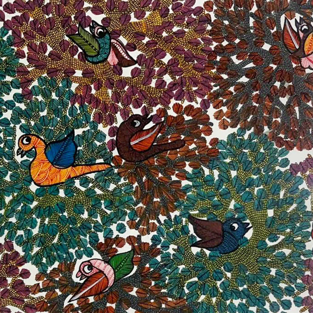15 x 22 Inch | Birds & Tree | Original Hand Painted Tribal Gond Art Painting | Acrylic Paints On Paper
