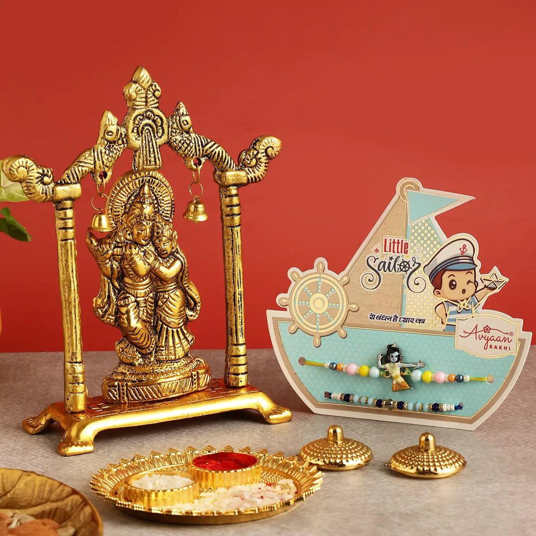 Handmade Krishna Rakhi Hamper | Includes 1 Radha Krishna Idol, 2 Rakhis, 1 Roli Chawal