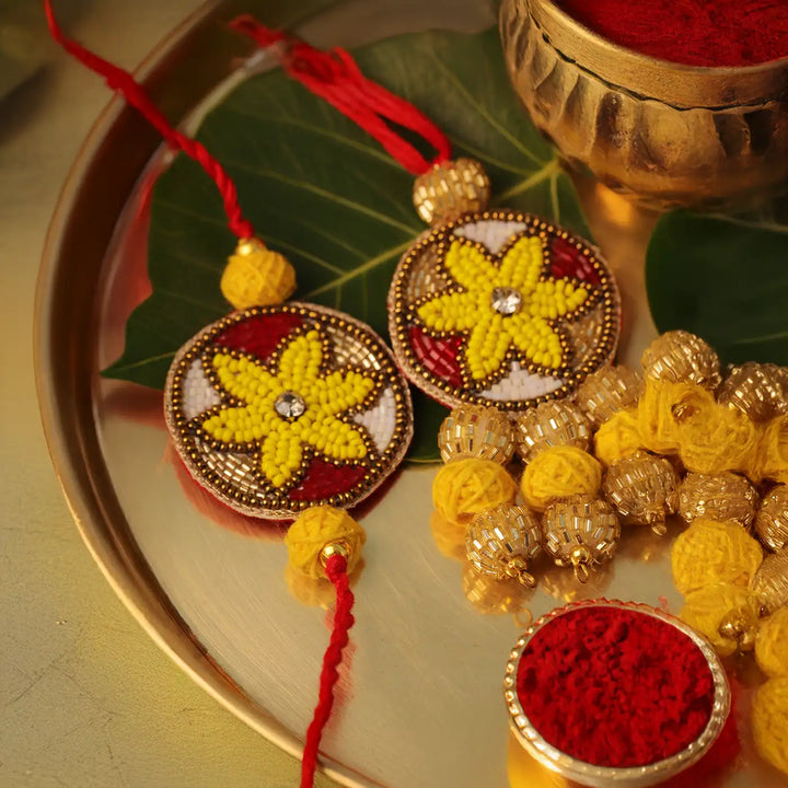 Handmade Beaded Floral Bhaiya Bhabhi Rakhi With Roli Chawal | Set Of 2