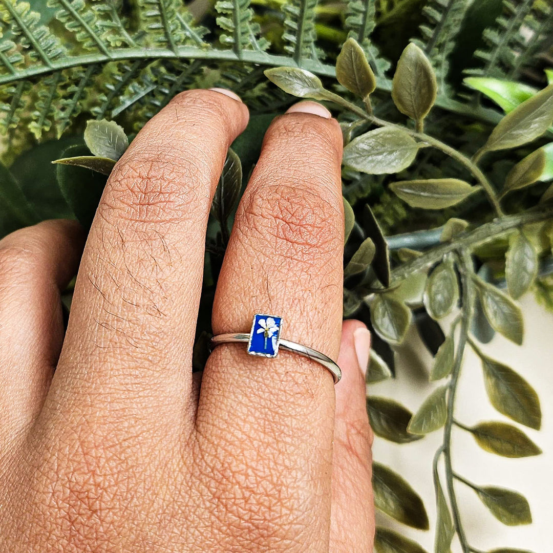 Handmade Pressed Blue Flower Art Resin Ring With Origami Ring Box