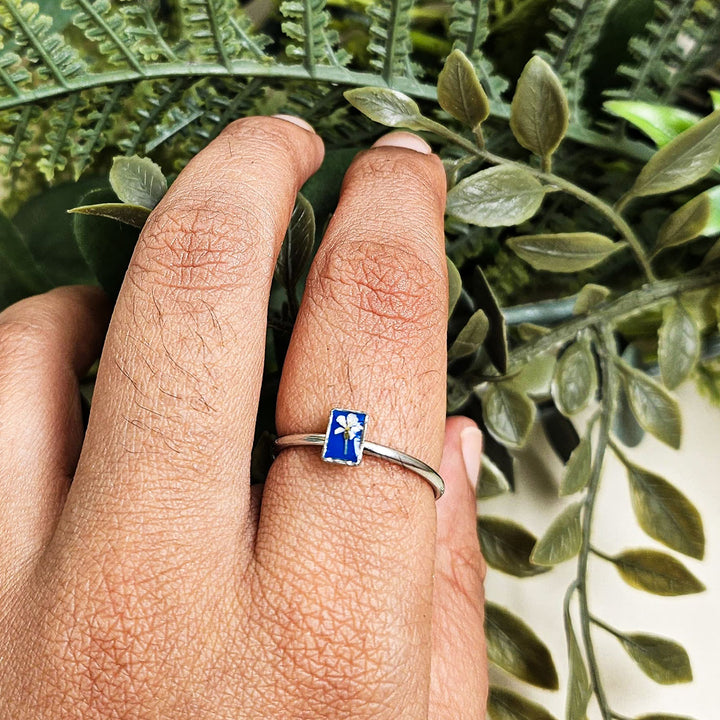 Handmade Pressed Blue Flower Art Resin Ring With Origami Ring Box