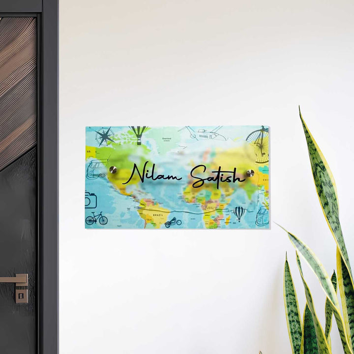 Personalized World Map Theme Acrylic Name Plate With 3D Letters