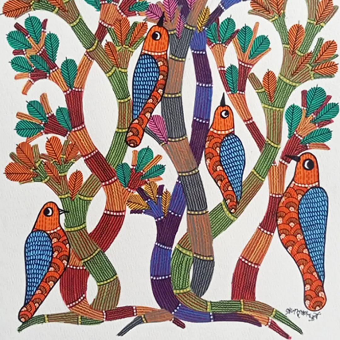 11 x 16 Inch | Birds & Nature | Original Hand Painted Tribal Gond Art Painting | Acrylic Paint On Paper