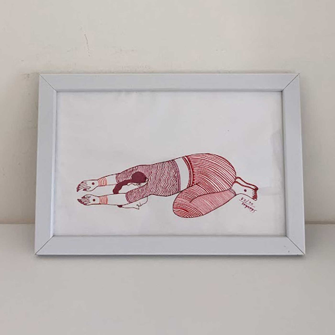 6 x 9 Inch | Balasan Yoga Pose | Minimalist Black & White Mudhubani Style Line Drawing With Frame
