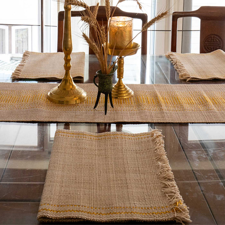 Hand Woven Vertical Striped Madhurkati Table Runner & Table Mat