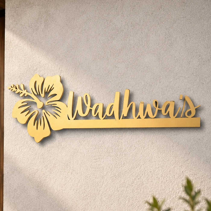 "Floral Swirl" Personalized Weatherproof Stainless Steel Name Plate With Hibiscus Motif For Home