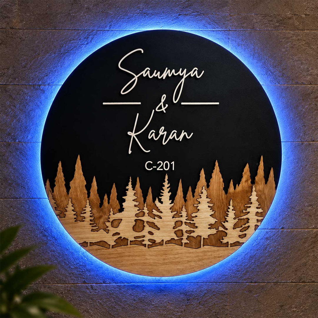 Pine Forest Theme Personalized Round Led Backlit Handcrafted Wooden Name Plate With Laser Cut White Lettering For Home