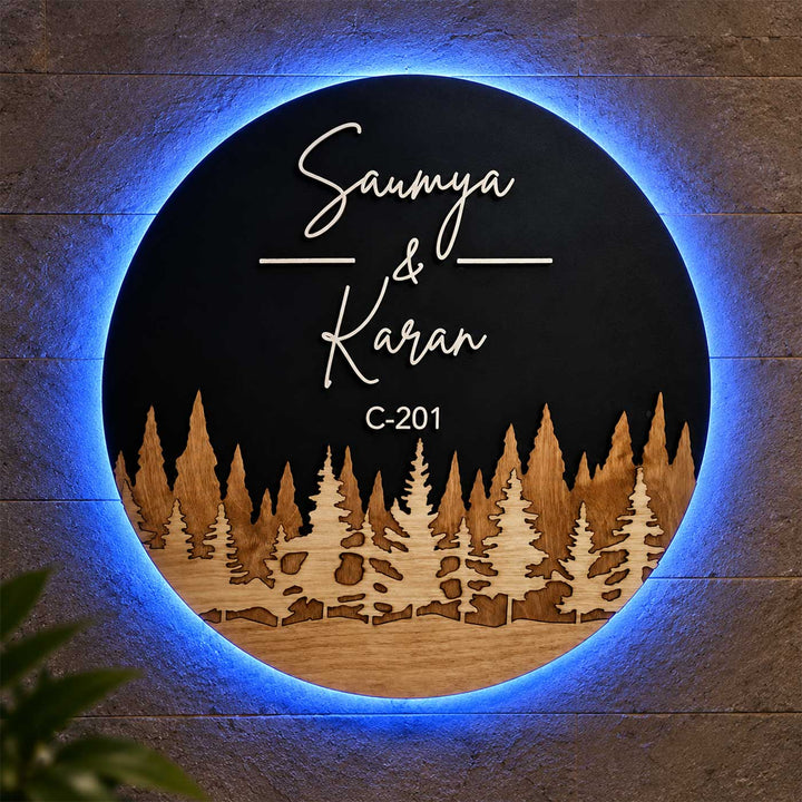 Pine Forest Theme Personalized Round Led Backlit Handcrafted Wooden Name Plate With Laser Cut White Lettering For Home