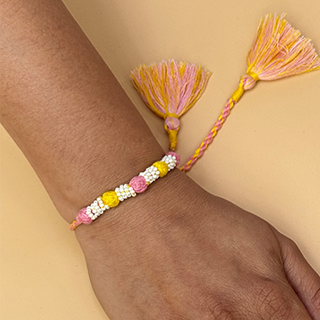 Handmade Reusable Light Pink And Yellow Beaded Patwa Rakhi For Brother