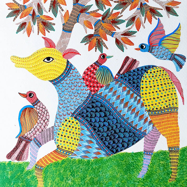 15 x 22 Inch | Deer & Birds | Original Hand Painted Tribal Gond Art Painting | Acrylic Paints On Paper