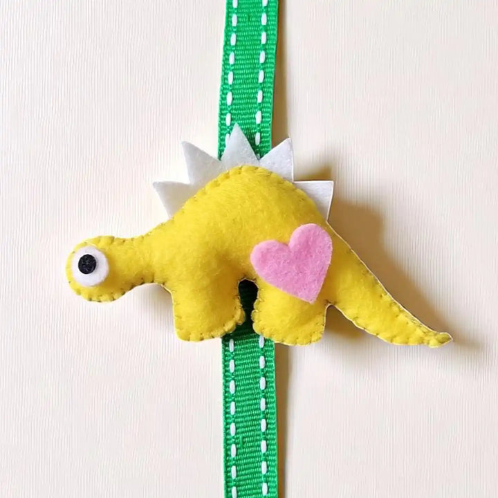 Handmade Dino Theme Felt Kids Rakhi With Roli Chawal - Front View (3)