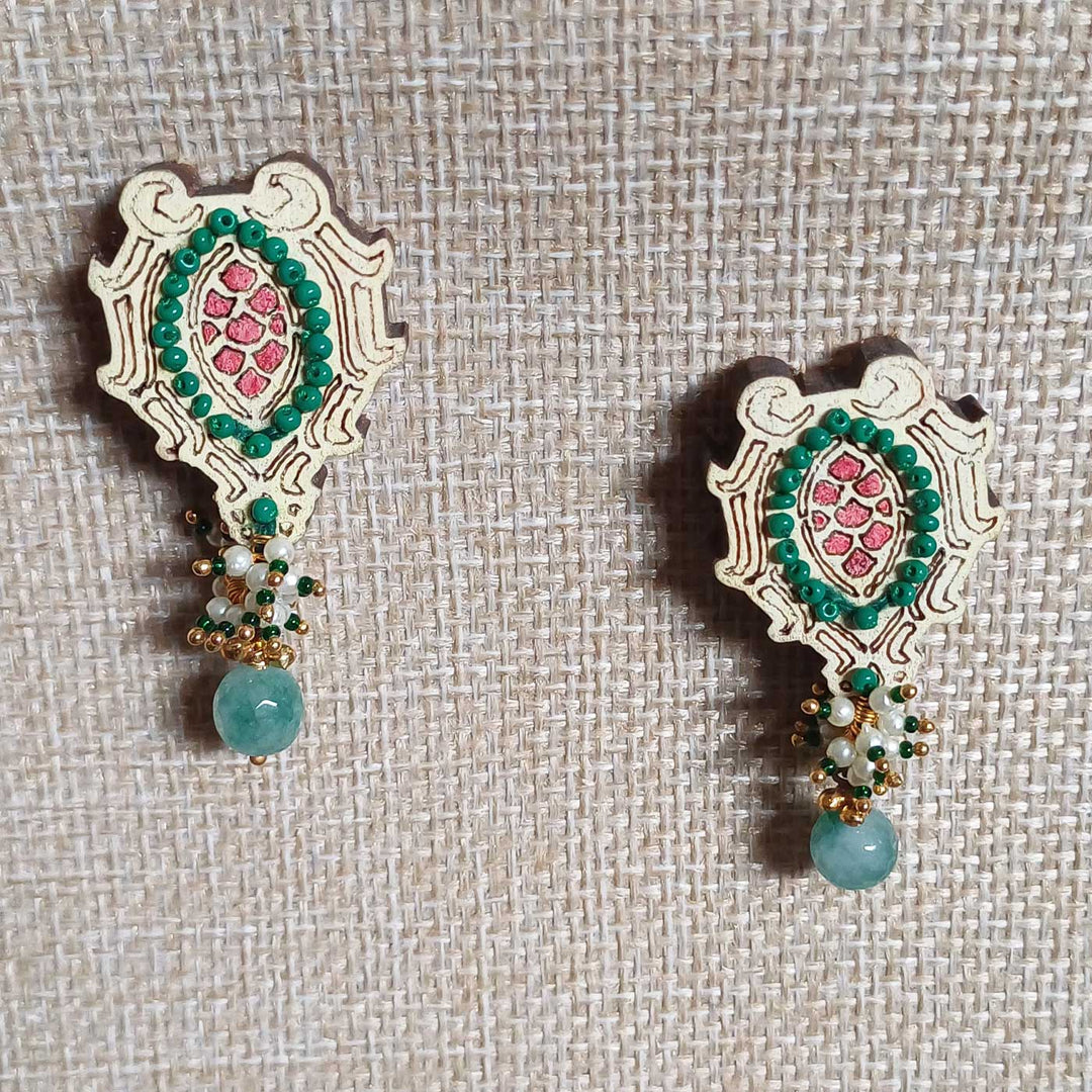 Handmade Green Turtoise Design Beaded Wooden Earrings