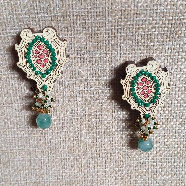 Handmade Green Turtoise Design Beaded Wooden Earrings