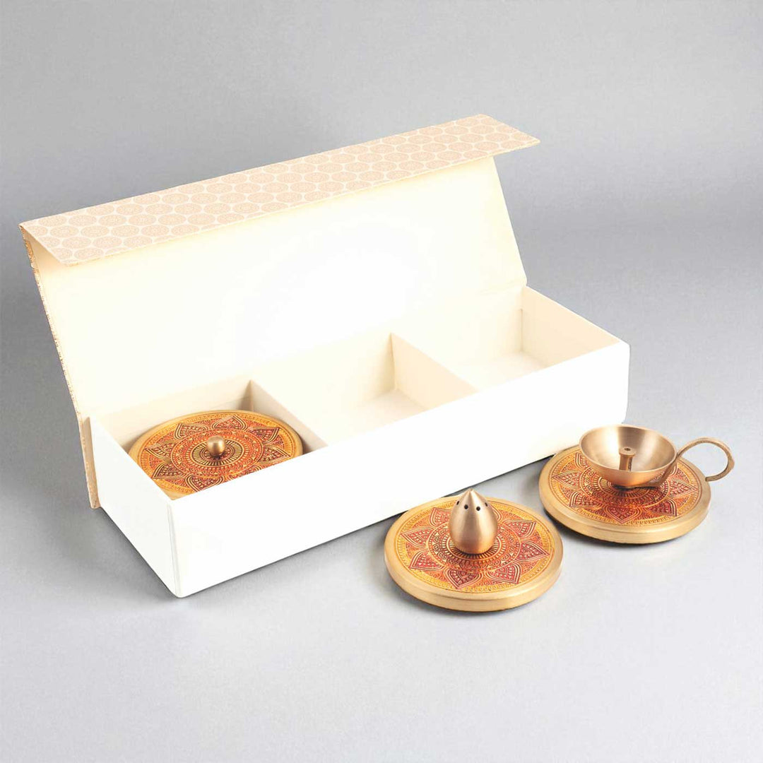 Hand-Painted Puri Brass Gift Hamper | Includes 1 Diya, 1 Incense Holder, 2 Containers And 1 Gift Box