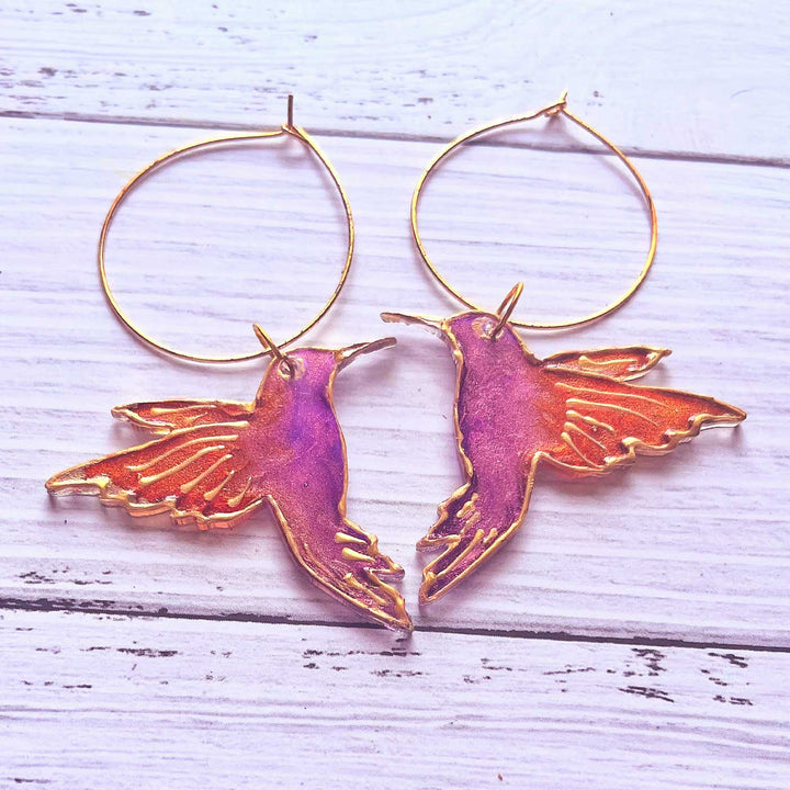 Handmade Laser Cut Humming Bird Hoop Acrylic Earrings