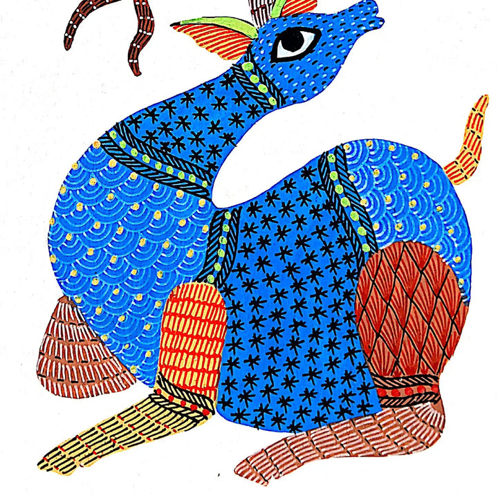 6 x 8 Inch | Blue Deer | Original Hand painted Tribal Gond Art Painting | Acrylic Paints On Paper