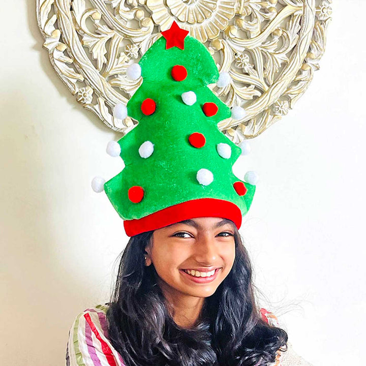 Handmade Green Pompom Christmas Tree Shaped Velvet Santa Hat | Xmas Gifting Ideas
