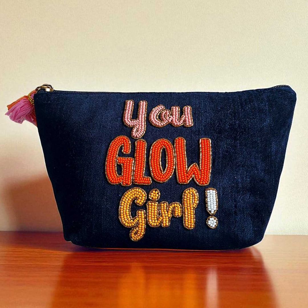 Handmade Embroidered Blue You Glow Girl Design Velvet Pouch