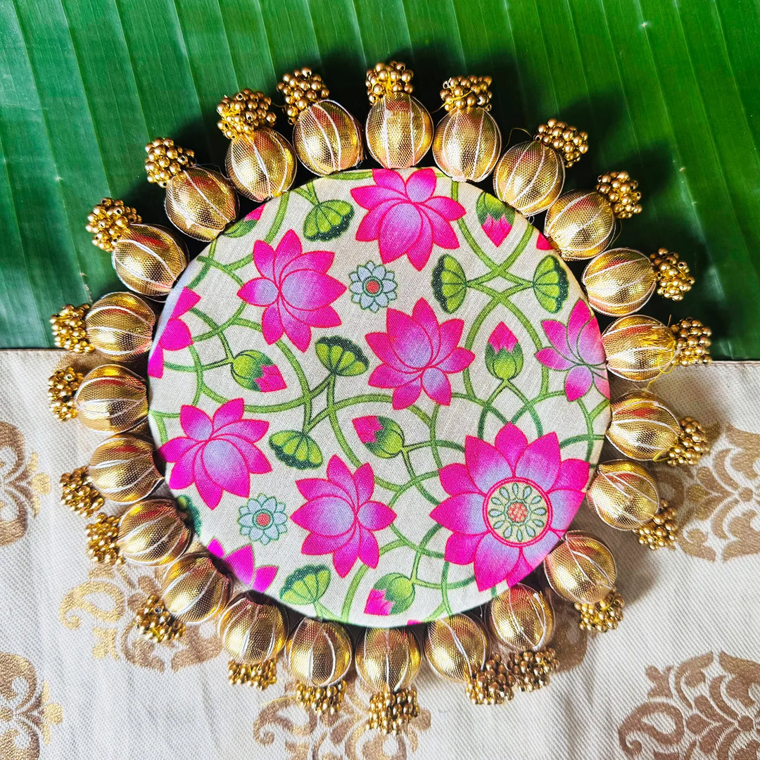 8 Inch | Handmade Gota Patti Round Pink Lotus Rangoli Mat