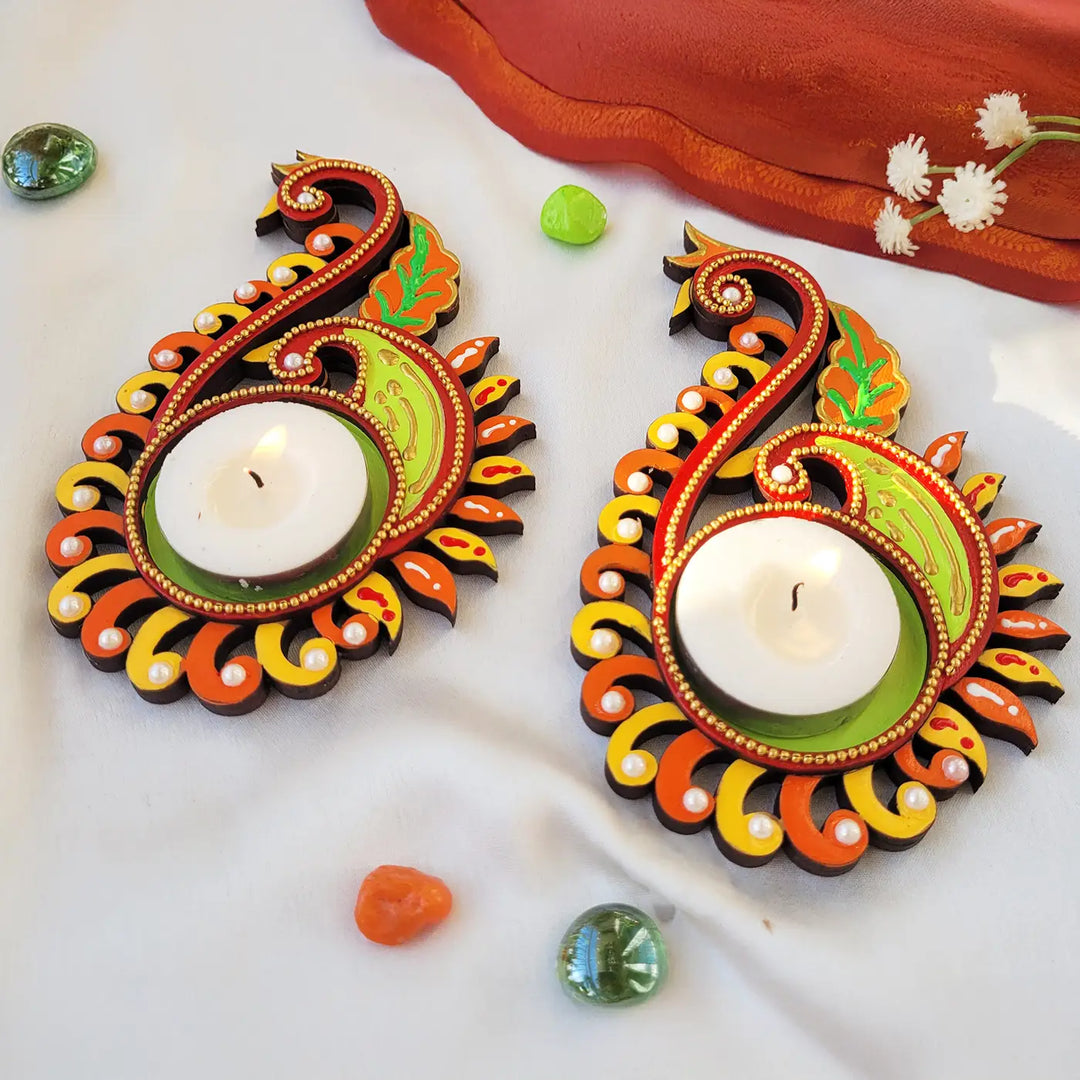 Hand-Painted Abhyudam Peacock MDF Wood Tealight Holder | Set Of 2