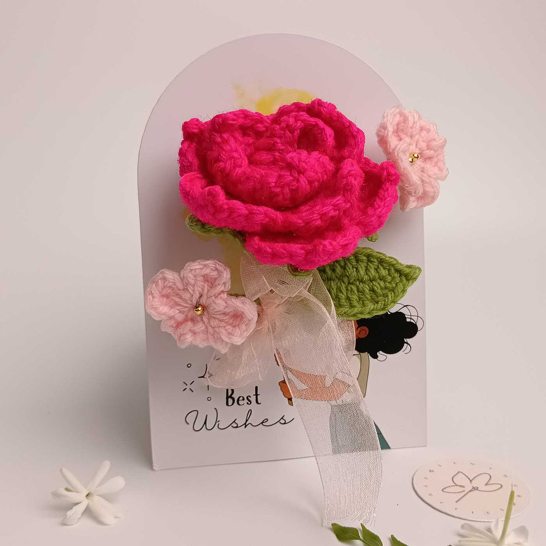Handmade Crochet 3D Pink Rose Greeting Card